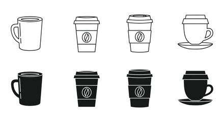 Fototapeta premium Coffee Cups And Takeaway Containers Black And White Vector Illustration