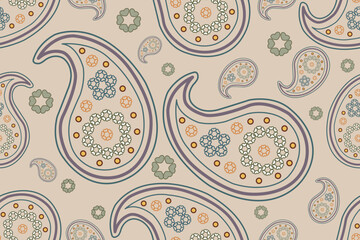 Seamless classic paisley vector pattern in vibrant muted tones. Vintage oriental motif with intricate floral and dotted details on a beige background.  © Thanawat