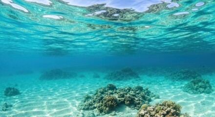 Obraz premium Underwater shot showcasing coral reefs on a sandy seabed, viewed from below the water's surface