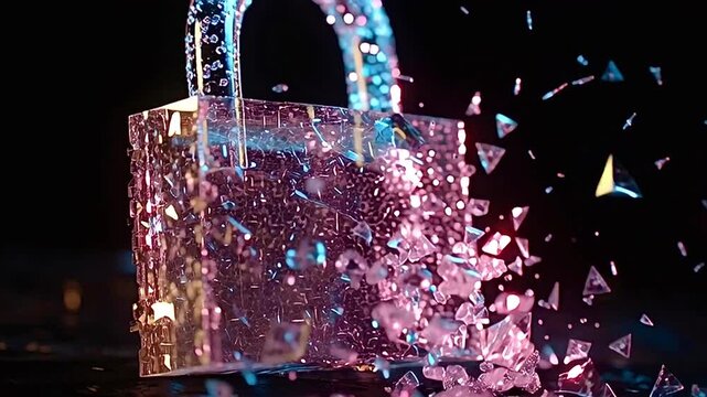 Conceptual digital animation of a transparent padlock reassembling from shattered fragments against a dark background, symbolizing concepts of data recovery, security, and restoration
