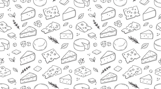 Hand drawn cheese pattern with various dairy slices and herbs in a seamless black and white vector