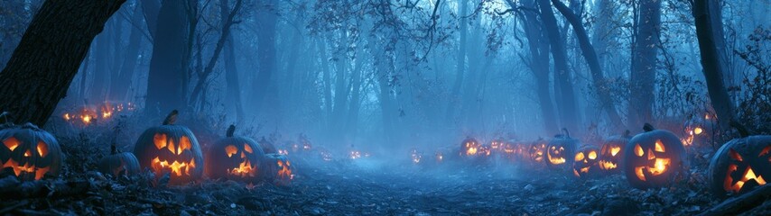 Fototapeta premium The ultimate spooky forest panorama, a line of carved pumpkins receding into a misty ancient woodland, glowing like fire in the dark, mysterious blue fog, ultra-wide frame for banner use