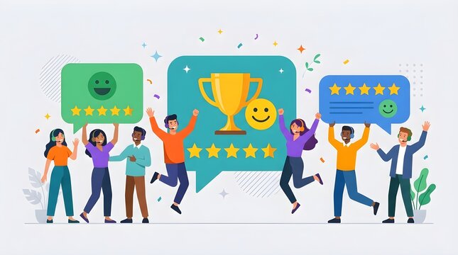 Customer Service Team Celebrating 5-Star Rating and Business Success Illustration