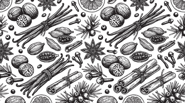Hand drawn spices and herbs pattern with vanilla cinnamon star anise and nutmeg in black and white