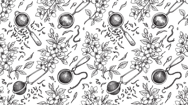 Hand drawn tea strainer and jasmine flower pattern, monochrome botanical illustration for textile and packaging design vector