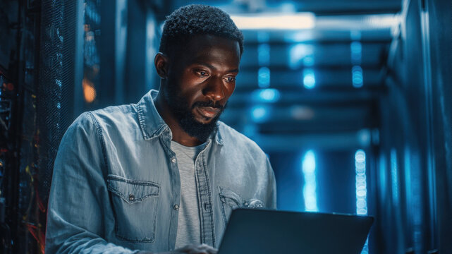 IT engineer working with a laptop in a modern data center, managing server infrastructure, cybersecurity, cloud computing, and network operations.generative ai