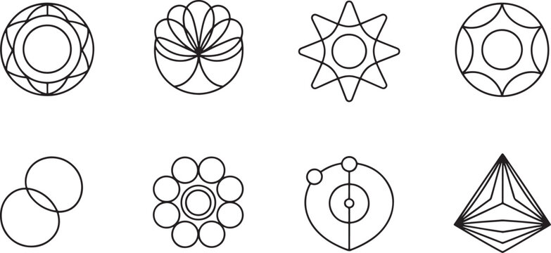 Group of eight abstract geometric and circular line symbols and