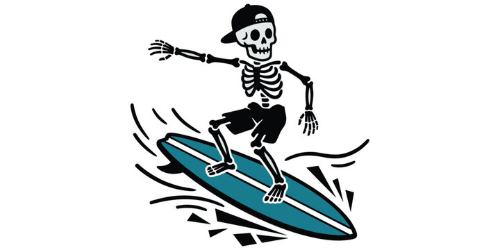Skeleton surfing on blue surfboard wearing cap and shorts showing fun, adventure, and beach lifestyle concept artwork design illustration, flat vector illustration