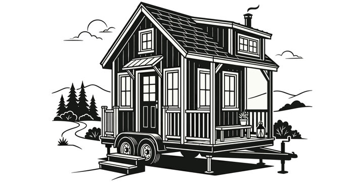 Tiny house on wheels, mobile home, pitched roof, dormer window, chimney, porch with bench, potted plant, scenic outdoor setting, flat vector illustration