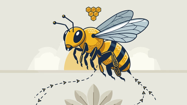 Stylized queen bee vector illustration featuring elegant flight paths and honeycomb elements for modern nature and wildlife design projects