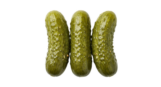 Three whole dill pickles with bumpy skin and visible seeds on a white background