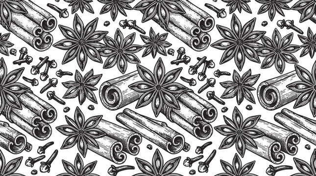 Seamless pattern of hand drawn cinnamon sticks star anise and cloves for culinary background and food design