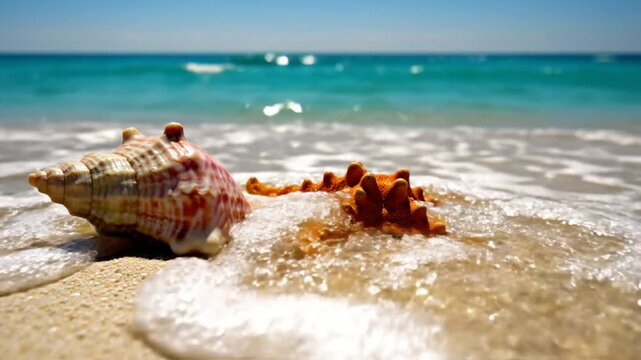 Waves gently lap the shore around seashells and starfish on a sunny beach day with clear blue water