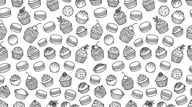 Seamless pattern of hand drawn cupcakes and macarons for bakery menu design or food packaging vector illustration