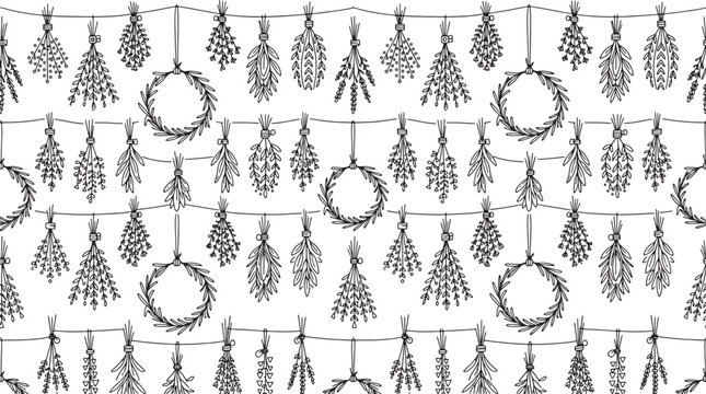 Seamless pattern of hand drawn dried herbs and floral wreaths hanging on strings in black and white