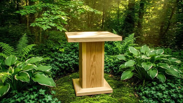 A light-colored wooden podium stands in a lush forest clearing surrounded by large green plants and trees with dappled sunlight filtering through.