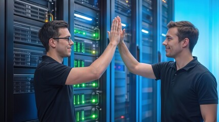 Fototapeta premium Data center technicians giving high five in front of server racks. Successful maintenance and teamwork in modern hosting facility.