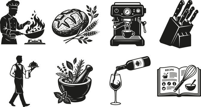 Restaurant and culinary icons set featuring chef cooking flamb&eacute; sourdough bread espresso machine kitchen knives waiter mortar pestle wine pouring and recipe book isolated on white background
