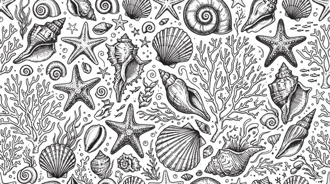 Seamless pattern of hand drawn seashells starfish and coral reef elements in black and white vector illustration