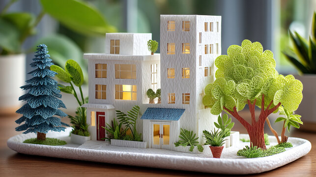 Miniature modern white building model with trees on serving tray, miniature