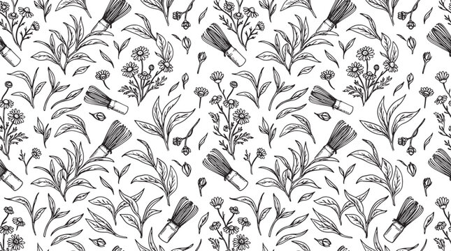 Seamless pattern with hand drawn matcha whisk tea leaves and chamomile flowers in black and white vector