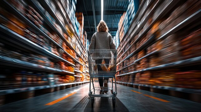 Woman pushing shopping cart walking down aisle in large warehouse store