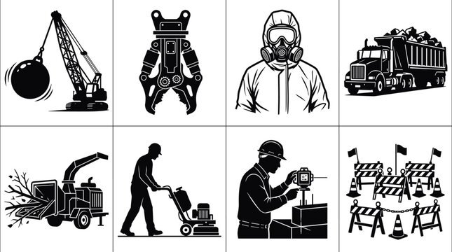 Construction and demolition industry icons set featuring wrecking ball crane hydraulic shears hazmat worker dump truck wood chipper concrete floor grinder surveying on white background