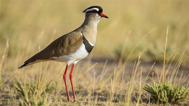 Crowned lapwing (Vanellus coronatus), or crowned plover on grassland, African savannah, South Africa.

