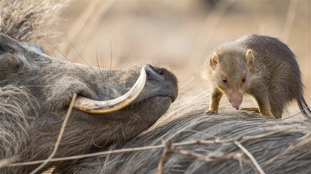 Close up of Common Dwarf Mongoose (Helogale parvula) grooming and eating ticks on warthog's body, African savanna, South Africa.
