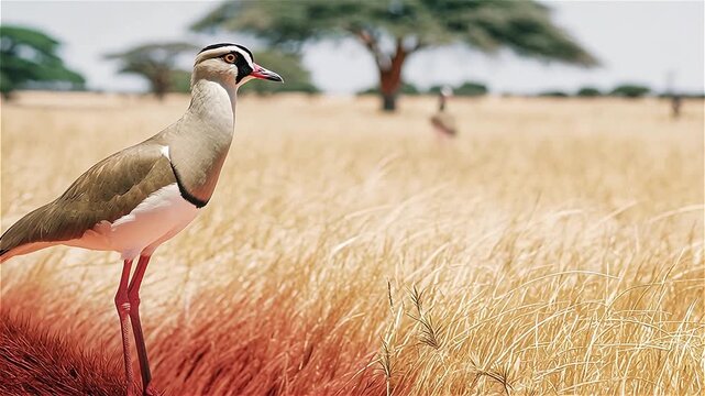 Crowned lapwing (Vanellus coronatus), or crowned plover on grassland, African savannah, South Africa.
