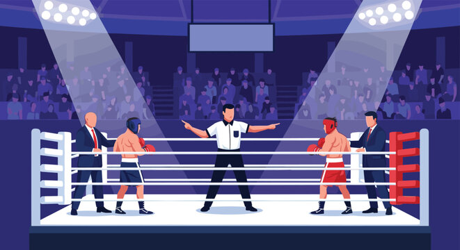 Professional boxing ring scene featuring two fighters with their coaches and a referee under bright spotlights in an arena.