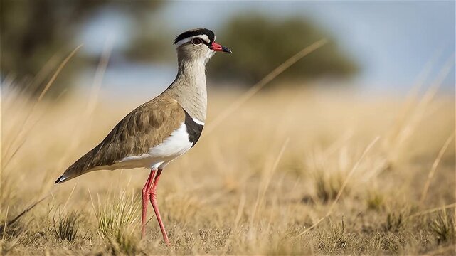 Crowned lapwing (Vanellus coronatus), or crowned plover on grassland, African savannah, South Africa.
