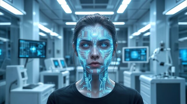 Cyborg woman with glowing blue circuitry patterns on face and neck in high-tech laboratory. Neural interface integration and biohacking concept in futuristic medical research facility.