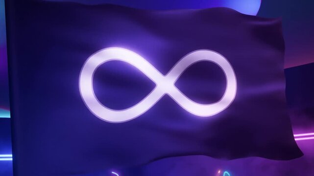 Slow motion close up of flag with infinity logo waving and rippling across neon studio backdrop with glowing purple fabric in futuristic indoor set