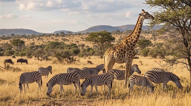 Diversity of African grazing animals, Zebras and Giraffe feeding together and benefiting from safe in numbers. Kruger National Park, South Africa.
