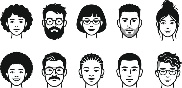 Diverse People Face Avatar Vector Icon Set with Various Hairstyles Glasses Beard and Ethnic Features for Profile UI UX and Design Projects