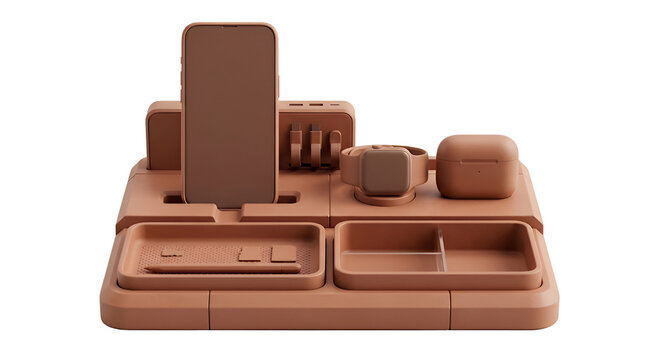 3D Isometric Tech Charging Station and Desk Organizer Mockup with Matte Clay Texture
