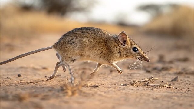 Close up of Elephant Mouse or elephant shrew or jumping mouse running in natural habitat, African savanna, Tanzania.
