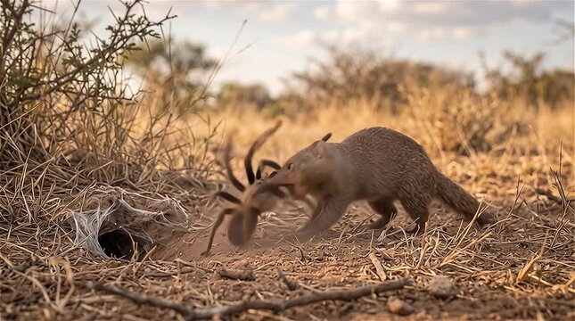 Common Dwarf Mongoose (Helogale parvula) hunting a baboon spider in African savanna, South Africa.
