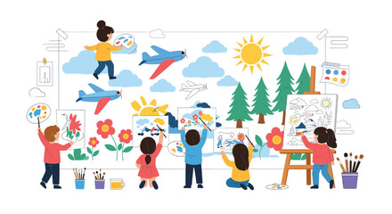 Fototapeta premium Creative group of young children joyfully painting a large mural with airplanes, sun, trees, and flowers in an art studio.