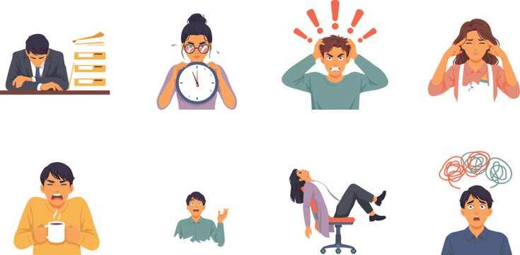 Stress and burnout office worker character set showing anxiety, fatigue, frustration, panic, and deadline pressure for mental health and workplace wellness concepts