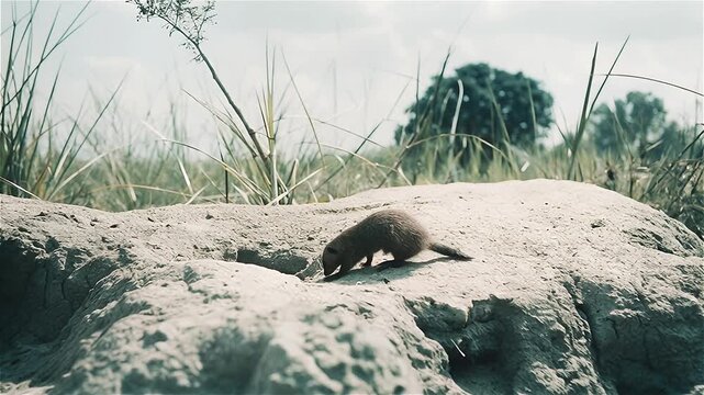 Common Dwarf Mongoose (Helogale parvula) seeking food  in African savanna, South Africa.
