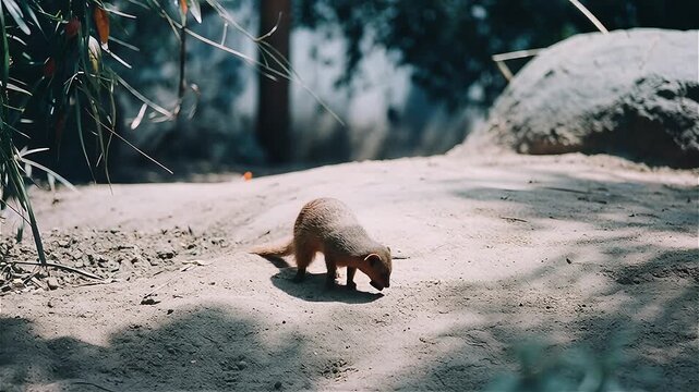 Common Dwarf Mongoose (Helogale parvula) seeking food  in African savanna, South Africa.
