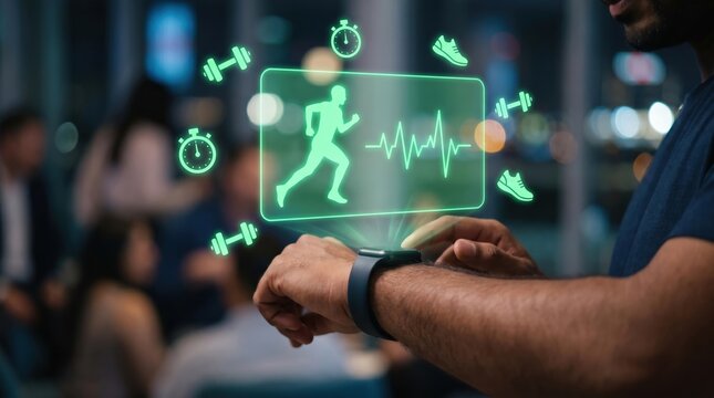 Fitness Tracking Concept: Neon-Green Holographic Runner and Heart Rate Wave Over Indian Man's Hand