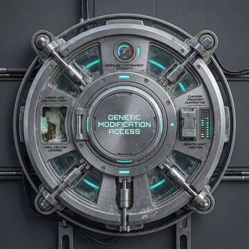 Detailed 3D render of a futuristic genetic modification access panel. Features CRISPR-Cas port, viral vector loading, germline containment, and chimera organism quarantine. 