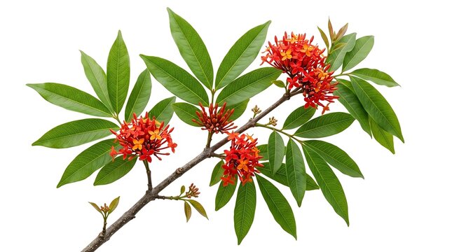 Beautiful ashoka tree branch with orange and red flowers and green leaves isolated