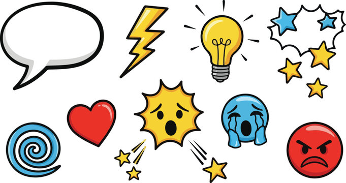 Comic Style Doodle Set: Colorful Hand-Drawn Emoji, Icons, and Speech Bubbles
