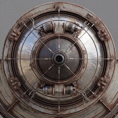 Obraz premium Close-up of a weathered, rusted industrial or sci-fi machine component. Intricate metal texture, cables, and bolts create a detailed, grungy background.