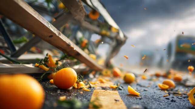 Shattered Wooden Fruit Stand on Roadside with Spilled Oranges