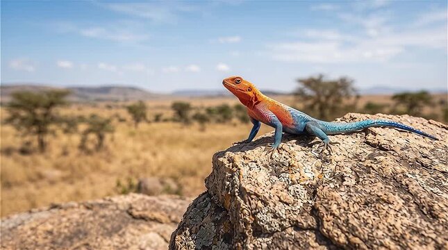 A male agama lizard (Agama agama) stands and sunbathes on rock in the Serengeti National Park in Africa.
